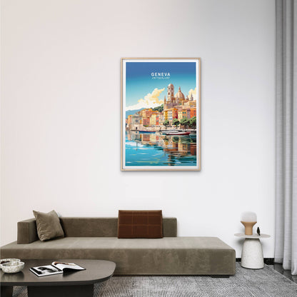 Geneva Switzerland, Coast Houses & Boats Travel Poster Print Wall Art