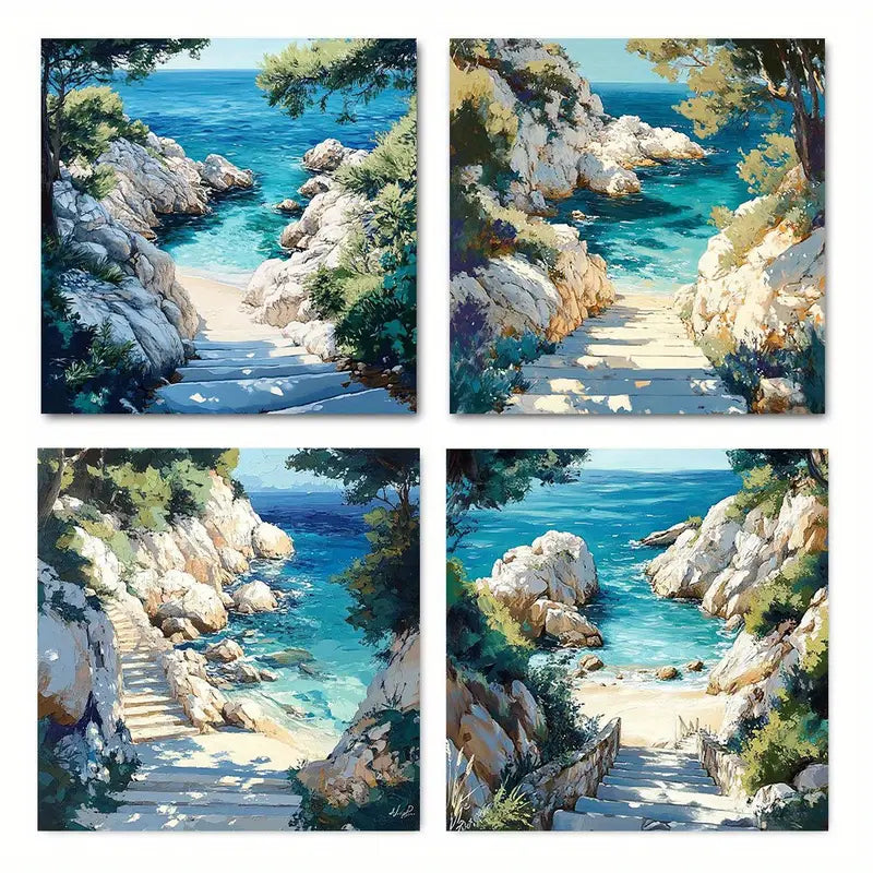 4pcs Greek Island Beach Coastal  GL     Wall Art Canvas Framed