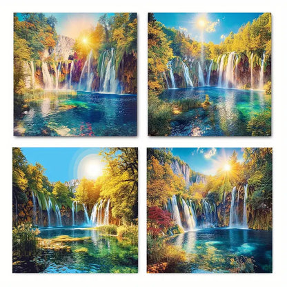 4pcs  Vintage Lake Water Waterfall Sunset SW  Wall Art Canvas Framed