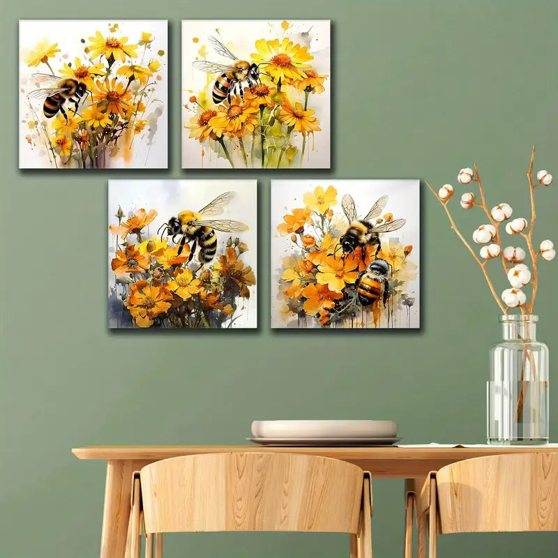 4pcsYellow Flower Wall Art Bee Wall Art Canvas Framed