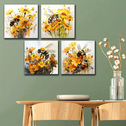 4pcsYellow Flower Wall Art Bee Wall Art Canvas Framed