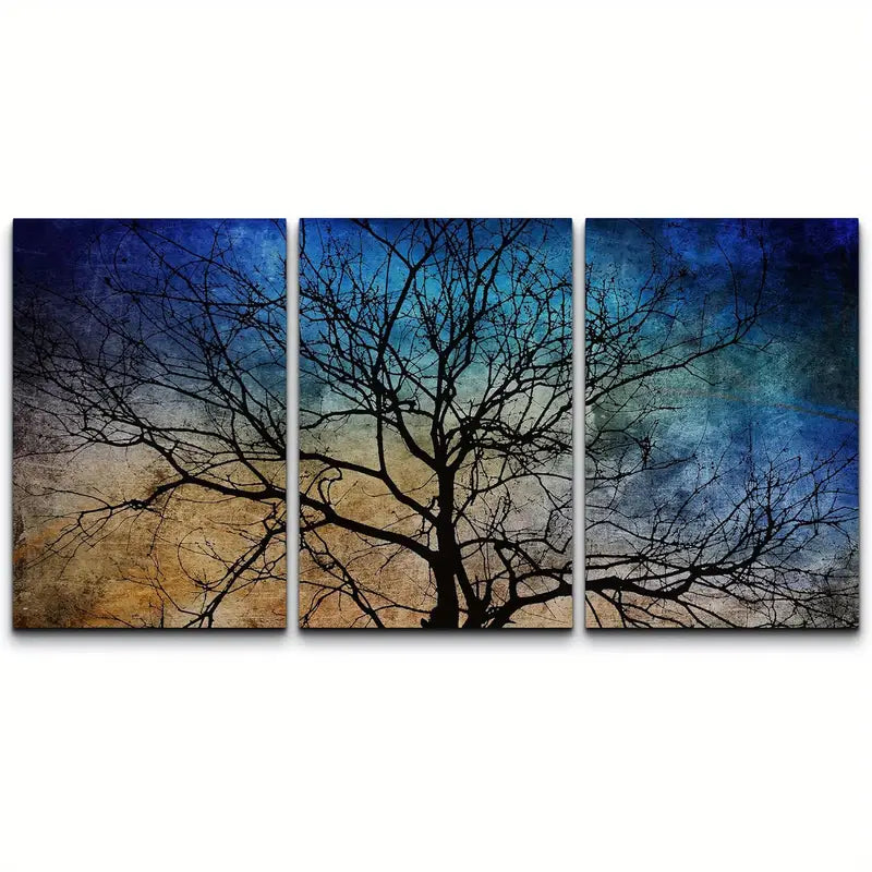 3pcs Tree Silhouette On Blue & Brown Background Metal Print Ready to Hang Art