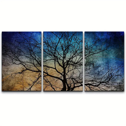 3pcs Tree Silhouette On Blue & Brown Background Metal Print Ready to Hang Art