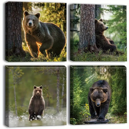 4pcs Detailed Forest & Majestic Bears Wall Art Canvas Framed
