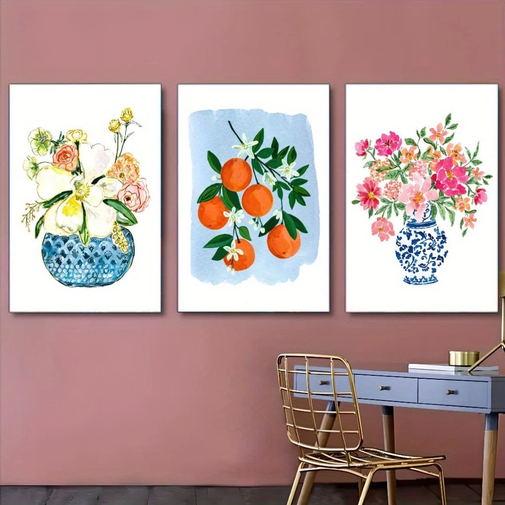 3pcs Featuring Beautiful Floral And Fruit Designs Metal Print Ready to Hang Art