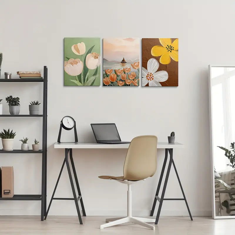 3pcs Floral Painting Tulip Texture Floral Pattern Metal Print Ready to Hang Art