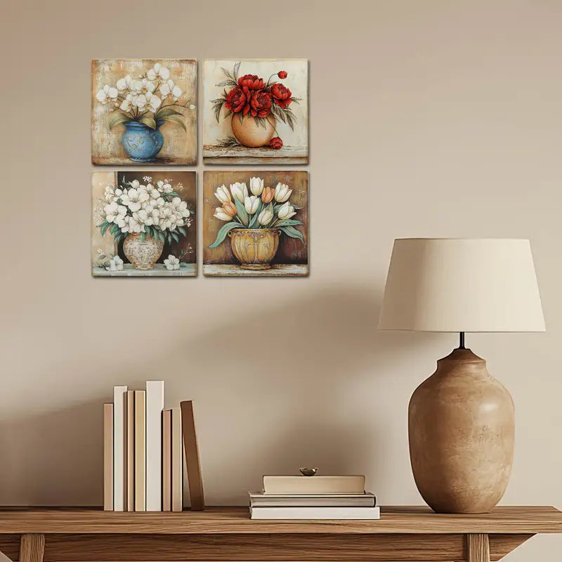 4pcs Flower Vase With Red And White Flowers Wall Art Canvas Framed