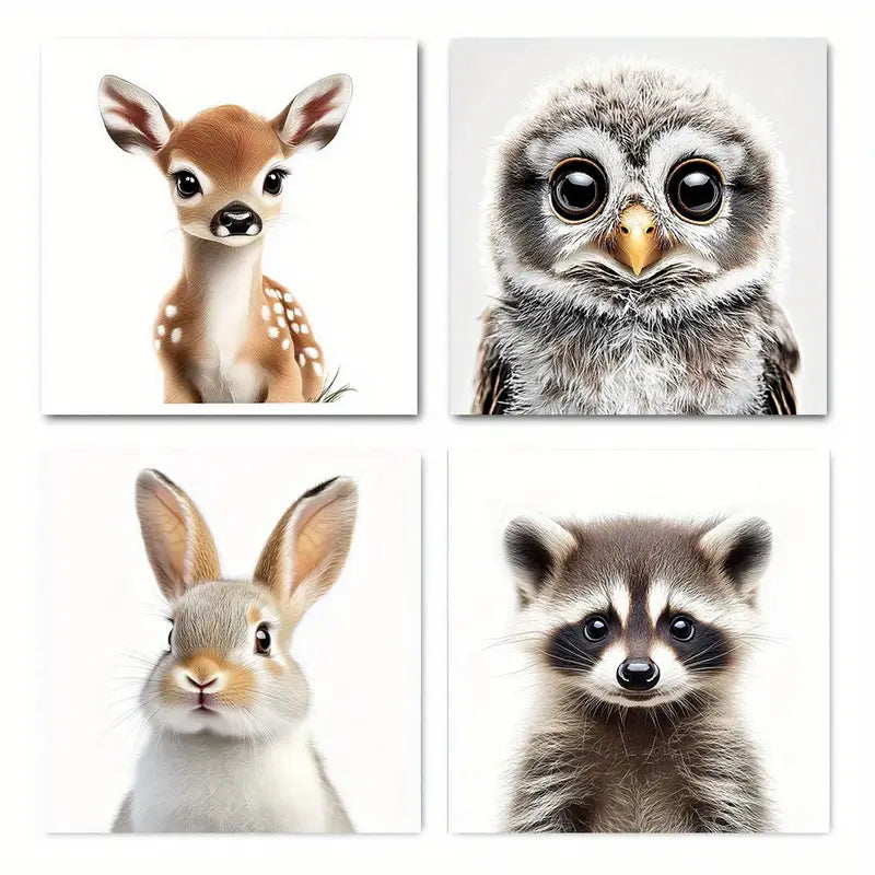 4pcs Cute Safari Animals Deer Owl Rabbi Wall Art Canvas Framed