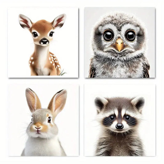 4pcs Cute Safari Animals Deer Owl Rabbi Wall Art Canvas Framed