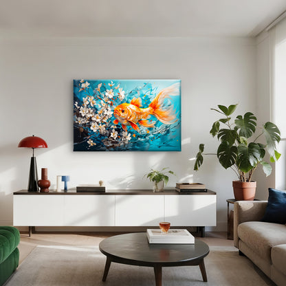 Gold Yellow Fish with White Flowers Wall Art Decor 100% Australian Made