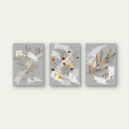 3pcs Abstract Gold Leaf Grey Botanical Trio Wall Art Set Canvas Framed 40x60cm - High Quality Print 100% Australian Made Wall Canvas Ready to Hang