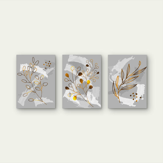 3pcs Abstract Gold Leaf Grey Botanical Trio Wall Art Set Canvas Framed 40x60cm - High Quality Print 100% Australian Made Wall Canvas Ready to Hang