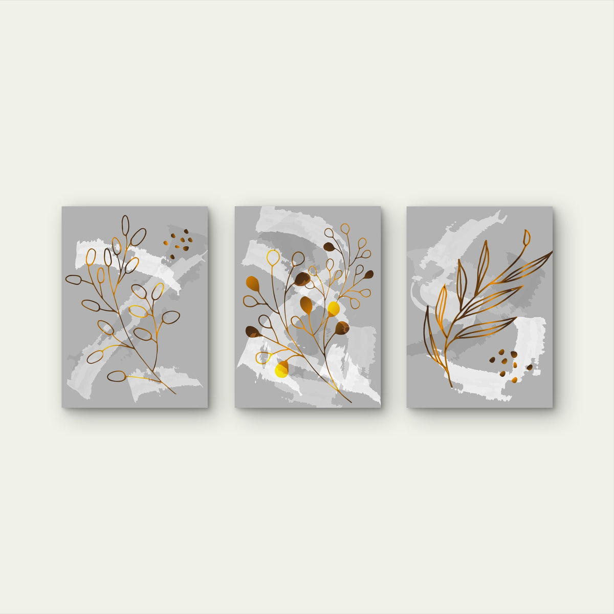 3pcs Abstract Gold Leaf Grey Botanical Trio Wall Art Set Canvas Framed 60x90cm - High Quality Print 100% Australian Made Wall Canvas Ready to Hang