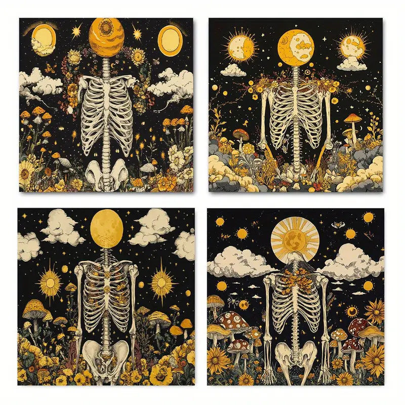 4pcs  Featuring Sun, Stars, and Floral Patterns  Wall Art Canvas Framed