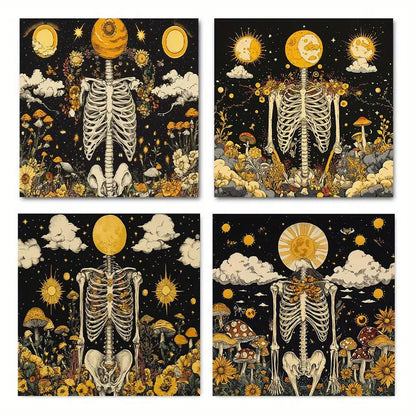 4pcs  Featuring Sun, Stars, and Floral Patterns  Wall Art Canvas Framed