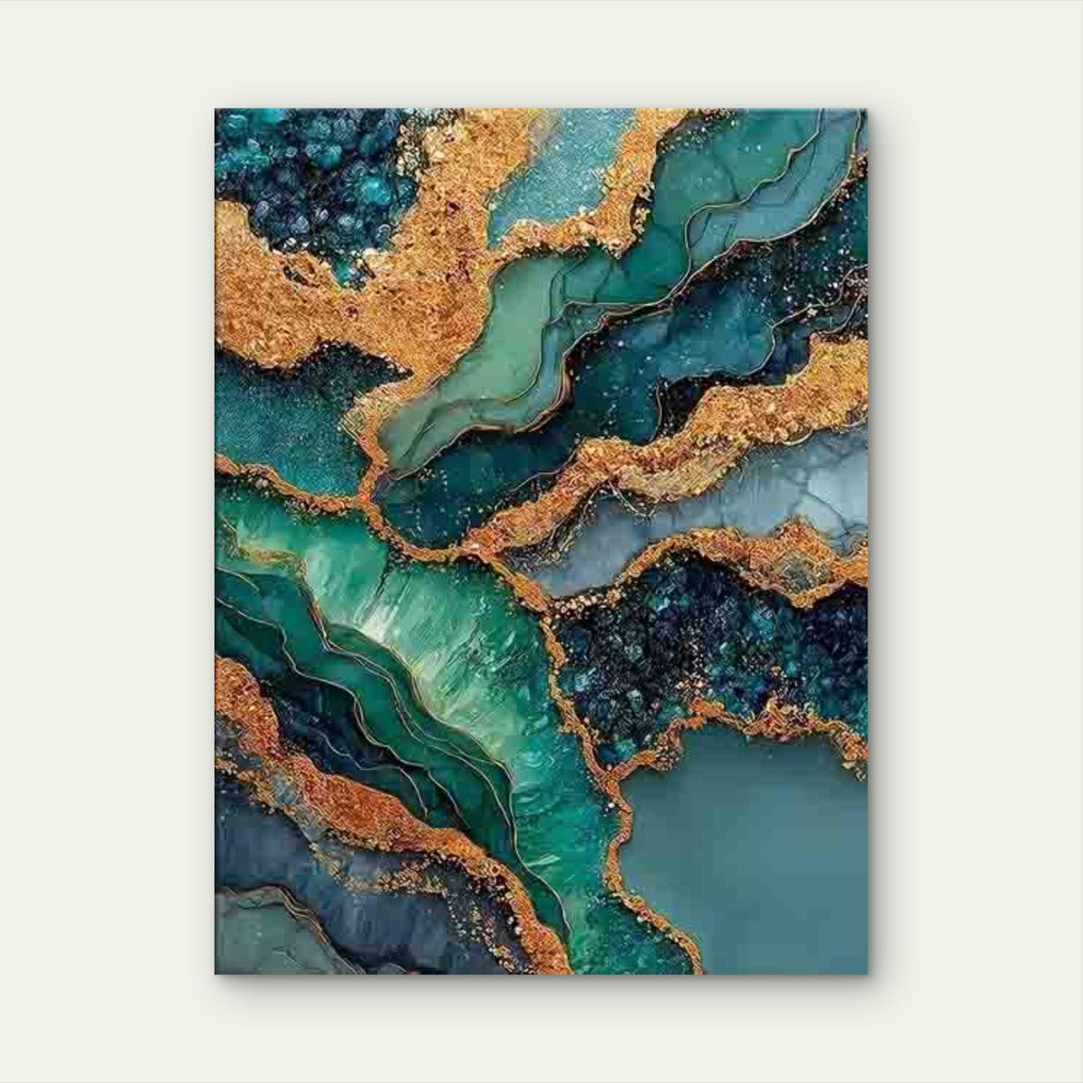 Abstract Turquoise Blue & Golden Leaf Marble Metal Print Ready to Hang