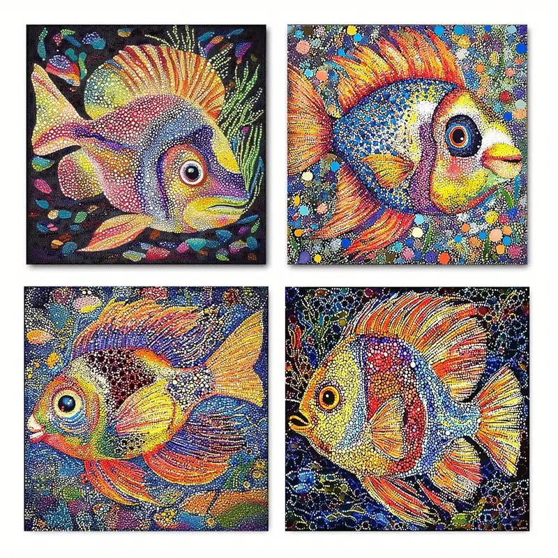4pcs  Vibrant Abstract Fish Canvas Art Prints Wall Art Canvas Framed