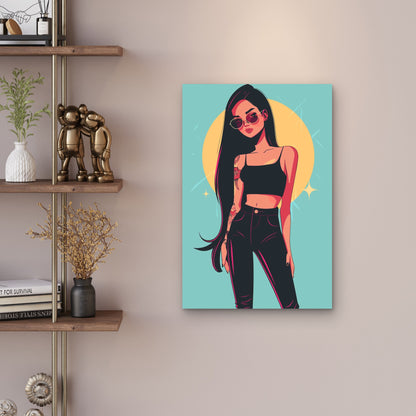 Stylish Pop Art Illustration Of A Girl In Black Cloth Metal Print Ready to Hang
