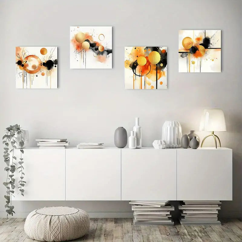 4pcs Black Golden Orange White Circular Design Wall Art Canvas Framed