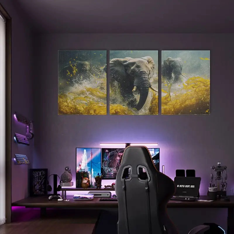 3pcs Running Elephants in the Savannah Metal Print Ready to Hang Art