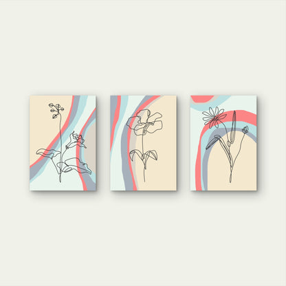 3pcs Minimalist Floral Line Art Pastel Abstract Metal Print Ready to Hang Art