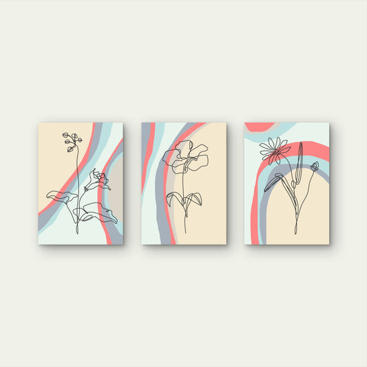 3pcs Minimalist Floral Line Art Pastel Abstract Metal Print Ready to Hang Art