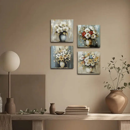 4pcs White,Red And Yellow Flower Boquet With Vas Wall Art Canvas Framed