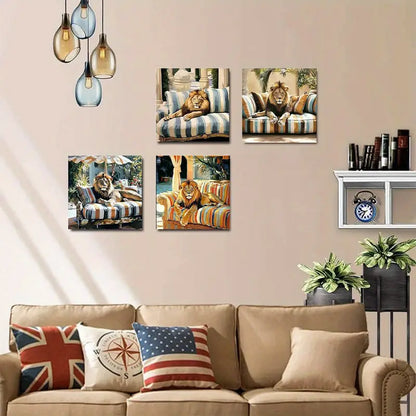 4pcs Majestic Lion By Poolside In Vibrant Colors Wall Art Canvas Framed