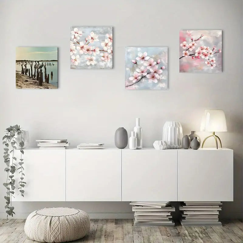 4pcs Cherry Blossoms Flowers Vintage Wall Art Canvas Framed