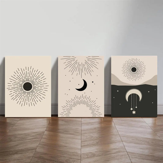 3pcs Sun, Moon & Stars, Contemporary Bohemian Gallery Metal Print Ready to Hang Art
