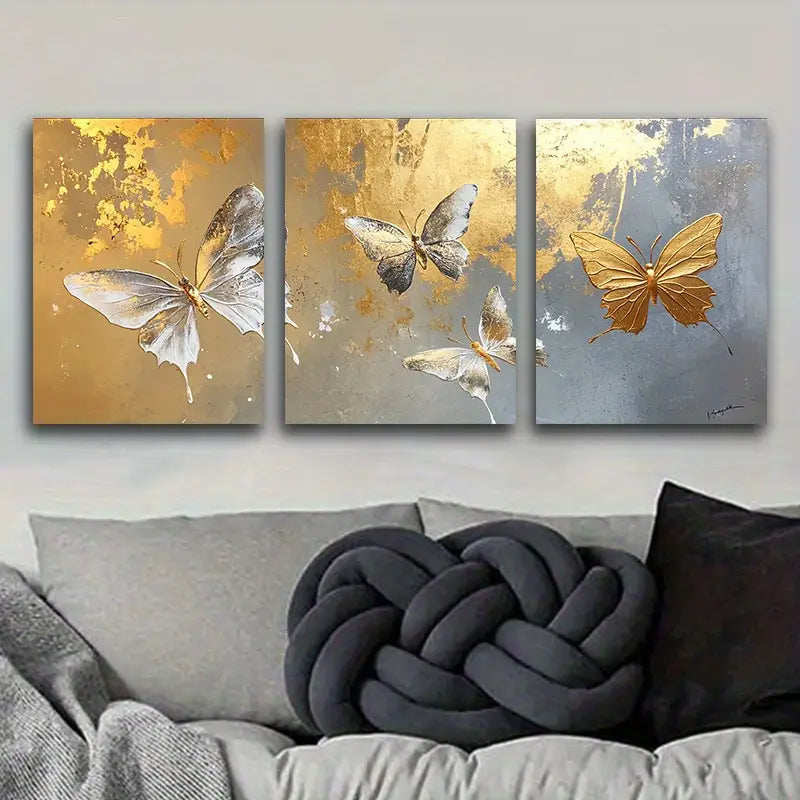 3pcs Golden & White Butterflies Metal Print Ready to Hang Art