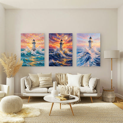 3pcs Coastal Lighthouse Ocean Wave Impasto Sunset Painting Wall Art Set Canvas Framed 60x90cm - High Quality Print 100% Australian Made Wall Canvas Ready to Hang