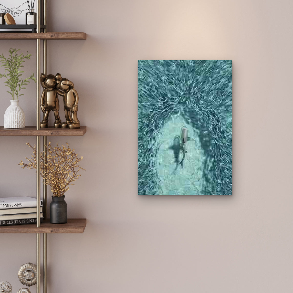 Shark Among a School of Fish 60x90cm Metal Print Ready to Hang