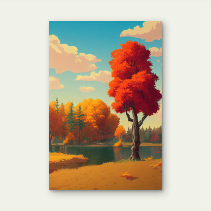 Illustration of a Serene Autumn Landscape 60x90cm Metal Print Ready to Hang