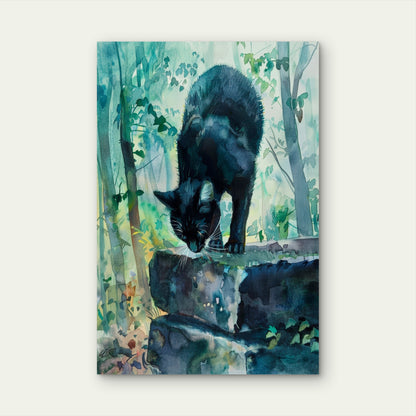 Black Cat on a Stone Wall in a Natural Setting 40x60cm Metal Print Ready to Hang
