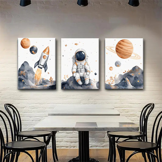 3pcs Astronaut Space with Rocket & Planets Metal Print Ready to Hang Art