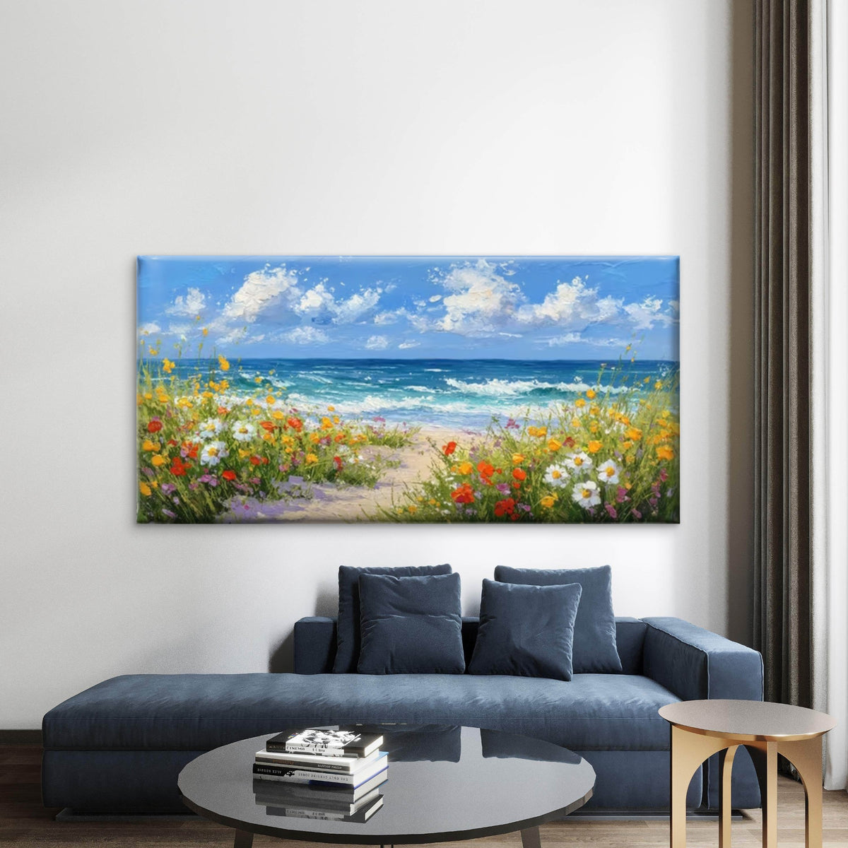 Sea & Floral Shoreline Wall Art Canvas Office Home Room Framed 120x60cm