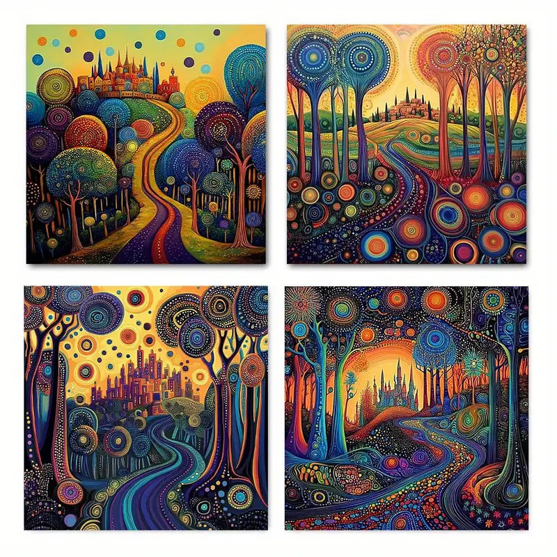 4pcs Enchanting Sunset Journey Tree Wall Art Canvas Framed