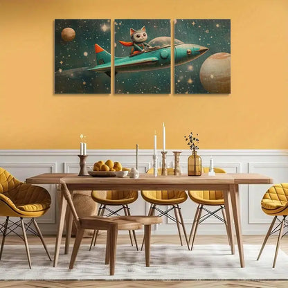 3pcs Whimsical Anthropomorphic Cat in Spaceship Metal Print Ready to Hang Art