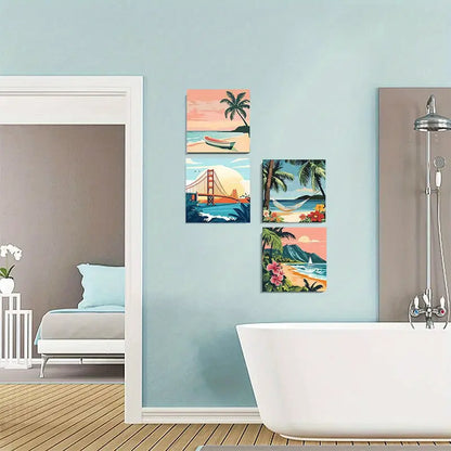 4pcs Vibrant Tropical Beach Palm Trees, Hammock  Wall Art Canvas Framed