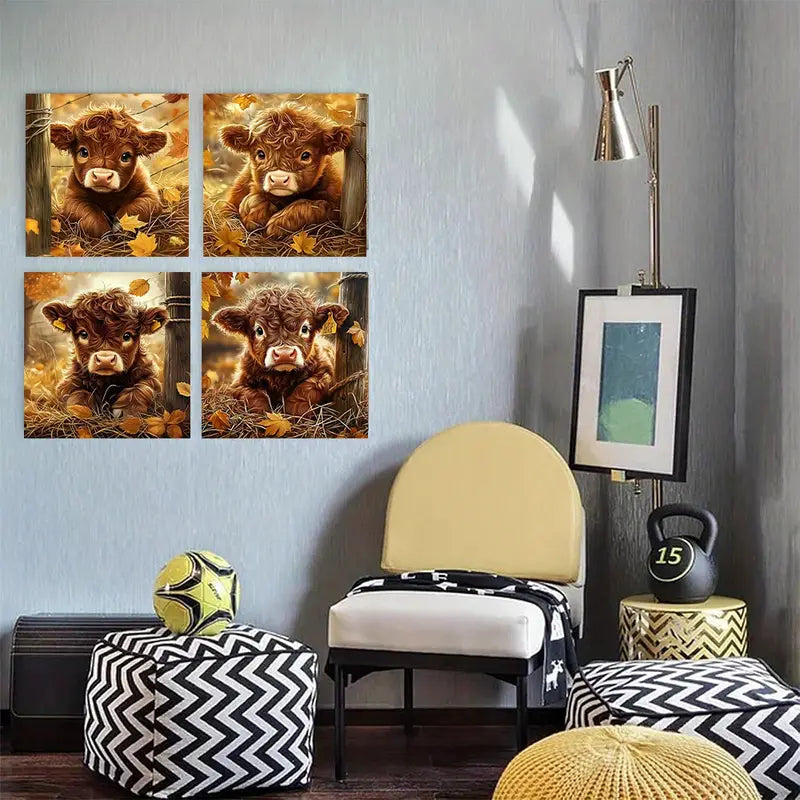 4pcs Delightful Cow on Grass, Modern    Wall Art Canvas Framed