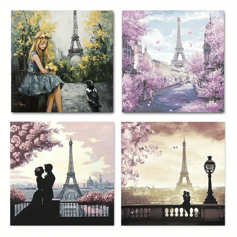 4pcs Paris Eiffel Tower Pink Floral Wall Art Canvas Framed