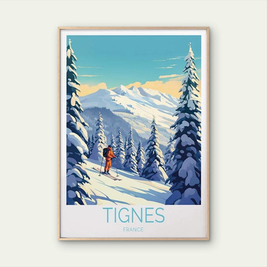 Tignes France, Man Skiing and Pine Trees Travel Poster Print Wall Art