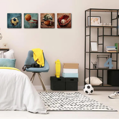 4pcs Rustic Football Baseball Basketball Soccer Wall Art Canvas Framed