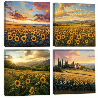4pcs Sunflower Fields, Mountain Scenes, And Nature Wall Art Canvas Framed