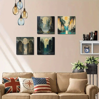 4pcs  Serene Moonlit Mountain & Lake Scenes ER   Wall Art Canvas Framed