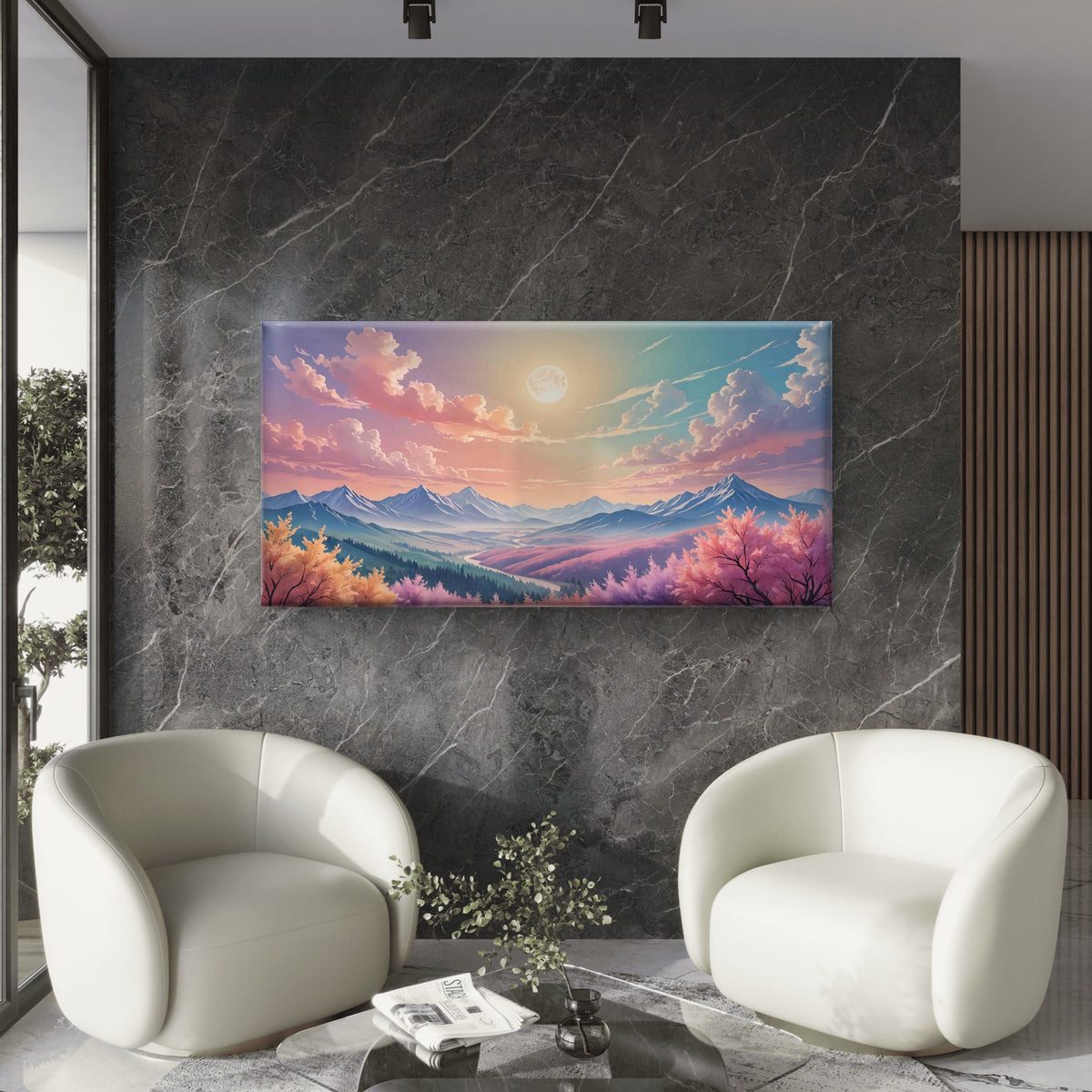 Vibrant Anime Landscape Mountains Wall Art Canvas Office Home Room Framed 120x60cm