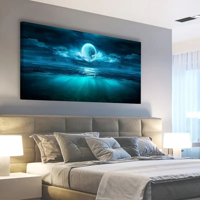 Moon Sea Blue Seascape Night Sky Wall Art canvas office home room framed 120x60cm