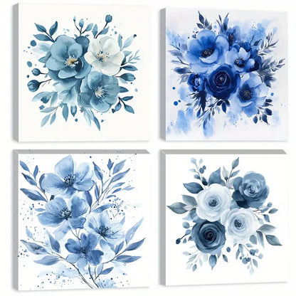 4pcs  Flowers Wall Art, Blue And White Palette Wall Art Canvas Framed