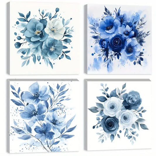 4pcs  Blue And White Palette Watercolor BD Wall Art Canvas Framed